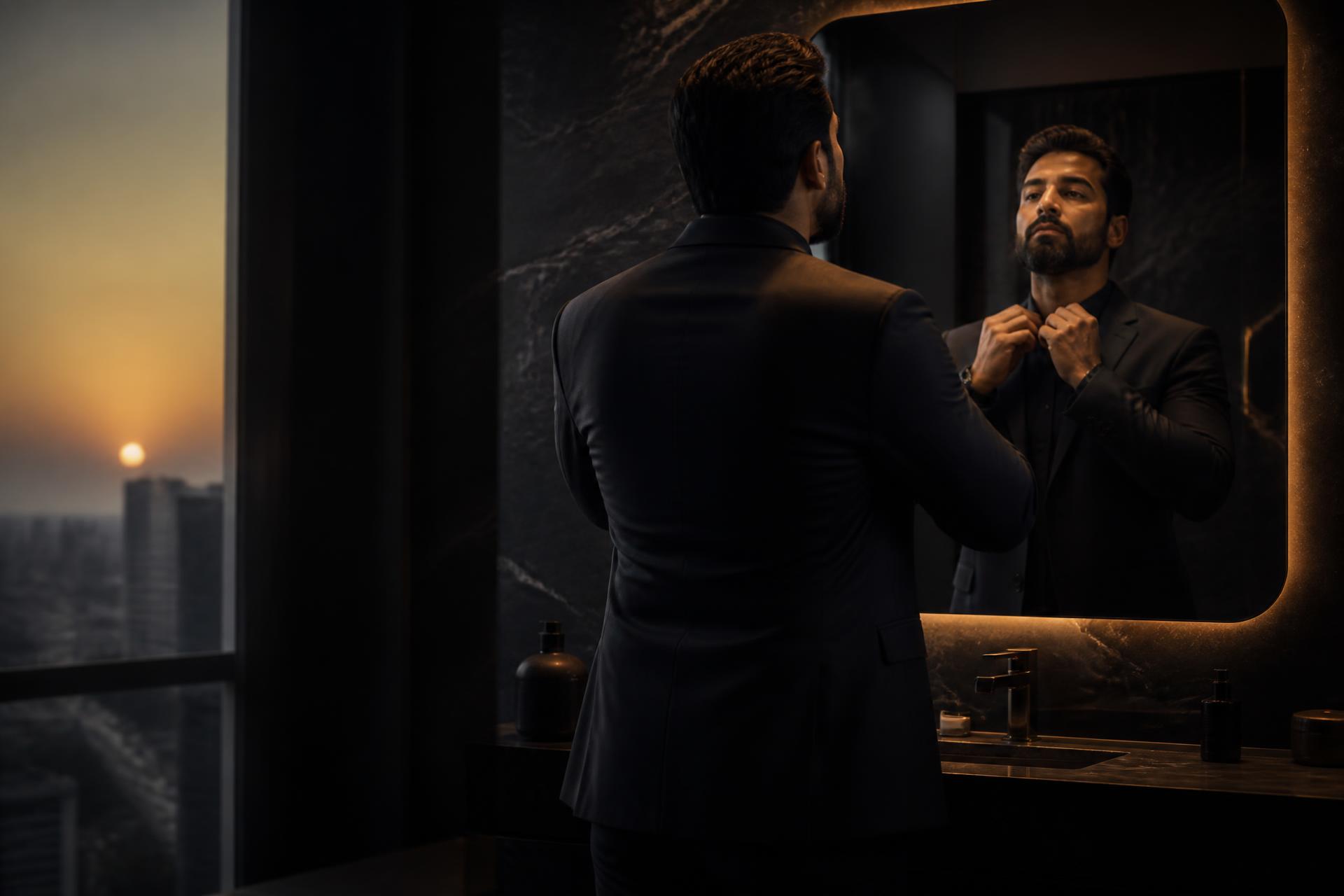 Indian executive adjusting his collar before a bathroom mirror at dawn