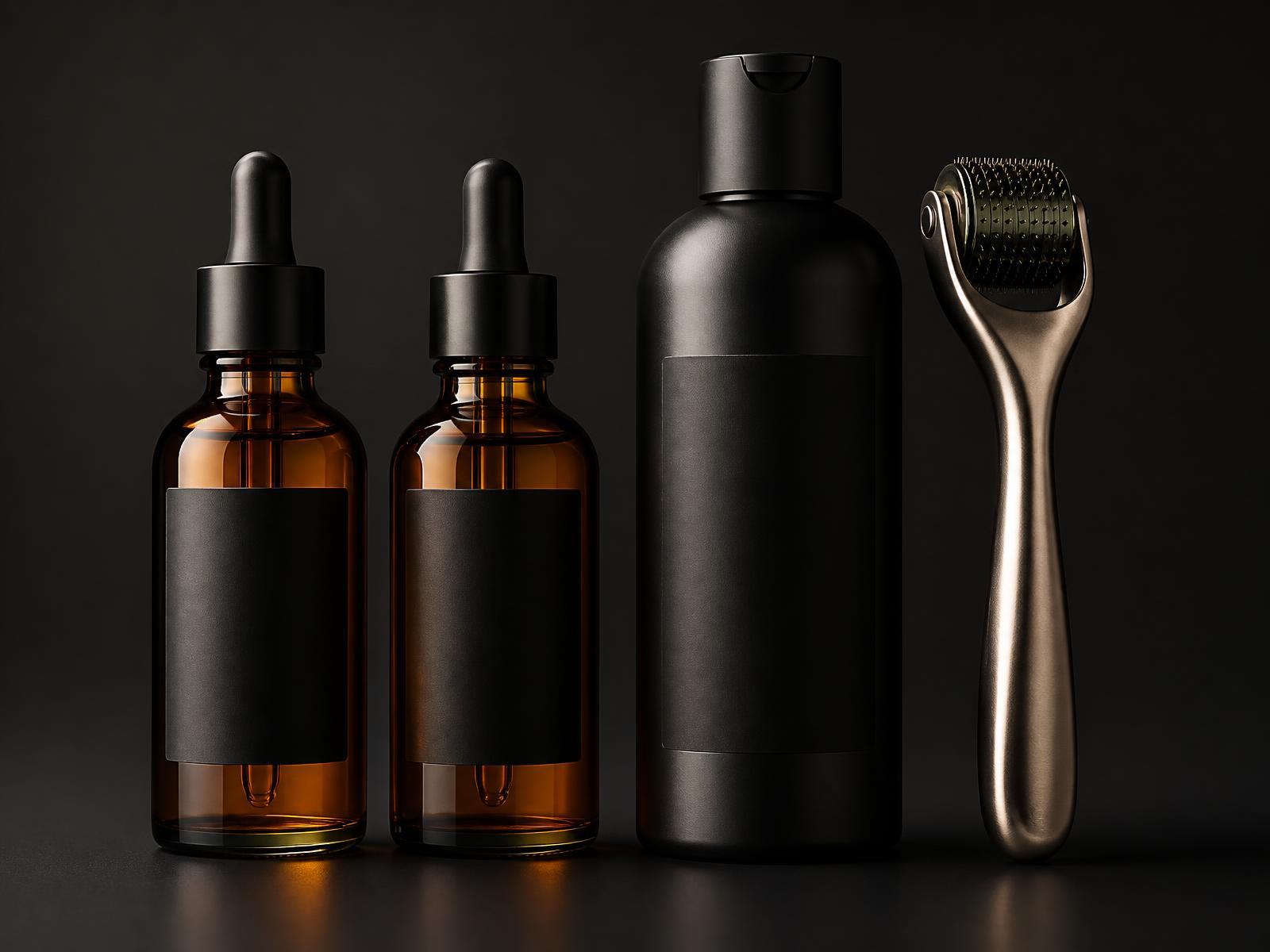 KARALAM™ 30-day starter kit: THE STRONGHOLD Morning Barrier Serum, THE RECLAIMER Advanced Hairline Recovery Super Serum, THE SENTINEL Saffron & Rosemary DHT Defense Shampoo and Titanium Needled Derma Roller